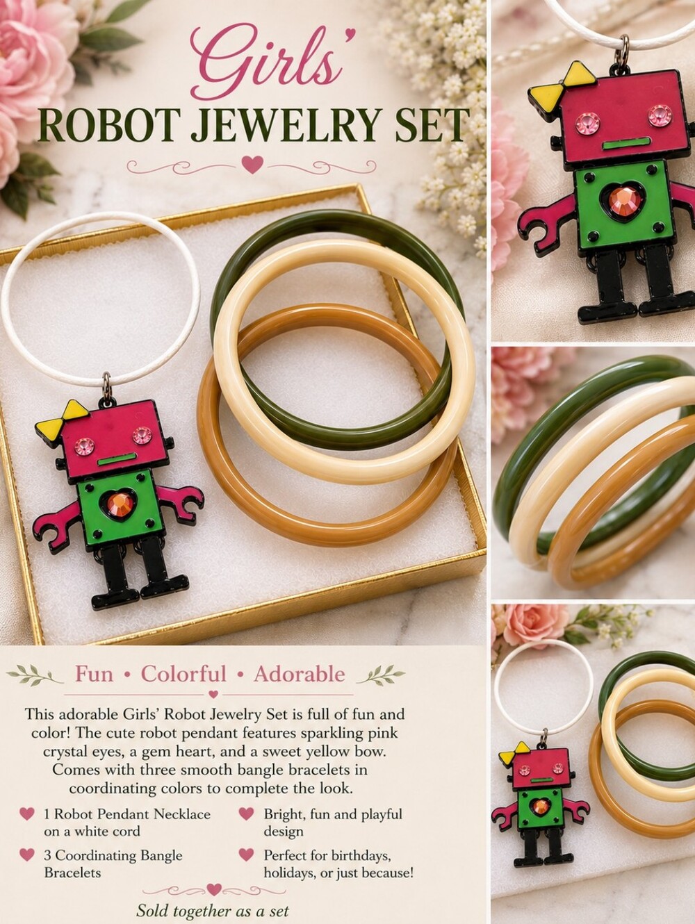 Girls' Robot Jewelry Set - Pink & Green Pendant with Cream, Tan, Olive Bangles